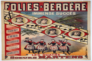 Ein farbenfrohes Konzertplakat für Folies-Bergère und Immense Succès, das Bilder von verschiedenen Menschen und mutigen Texten zeigt, vor kunstvollen Designs.
