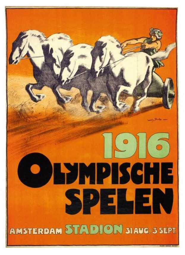 Poster for the 1916 Olympic Games in Amsterdam featuring a person in a horse-drawn chariot with "Olympische Spielen" at the top.