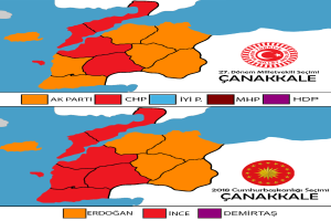 Eine Karte von Türkei, die farbig gestaltet ist, um den prozentualen Anteil der Bevölkerung in jedem Gebiet zu zeigen, mit der Anzeige "Canakkale Wahlresultate 2018".
