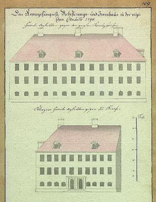 Black and white drawing of the Schlossfrauenhaus, a 17th-century German school building with a red roof, accompanied by text.