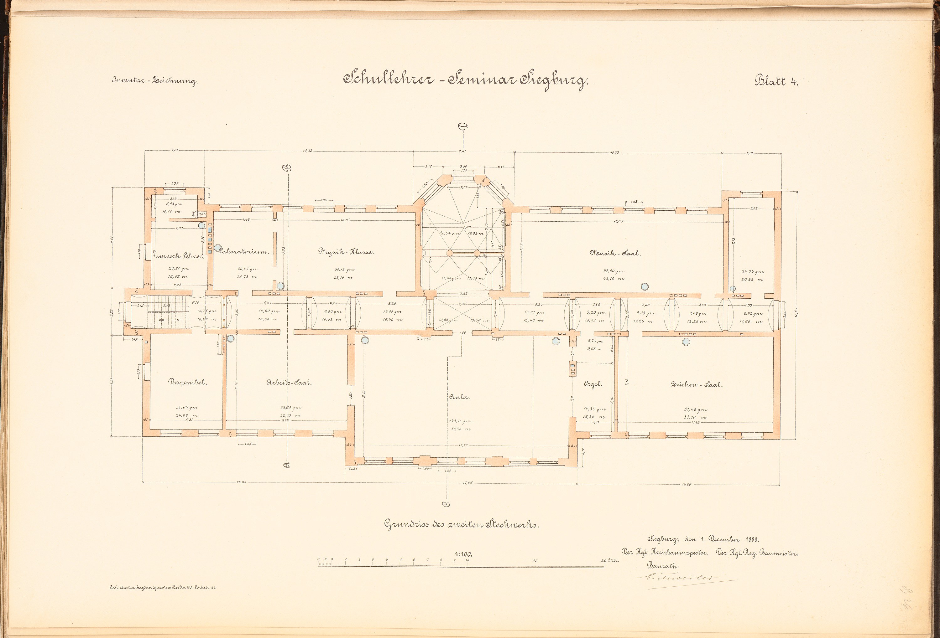 Old book open to a detailed floor plan drawing of the Schullacher-Seminar Schütze school building, showing windows, doors, and room layouts with accompanying text.