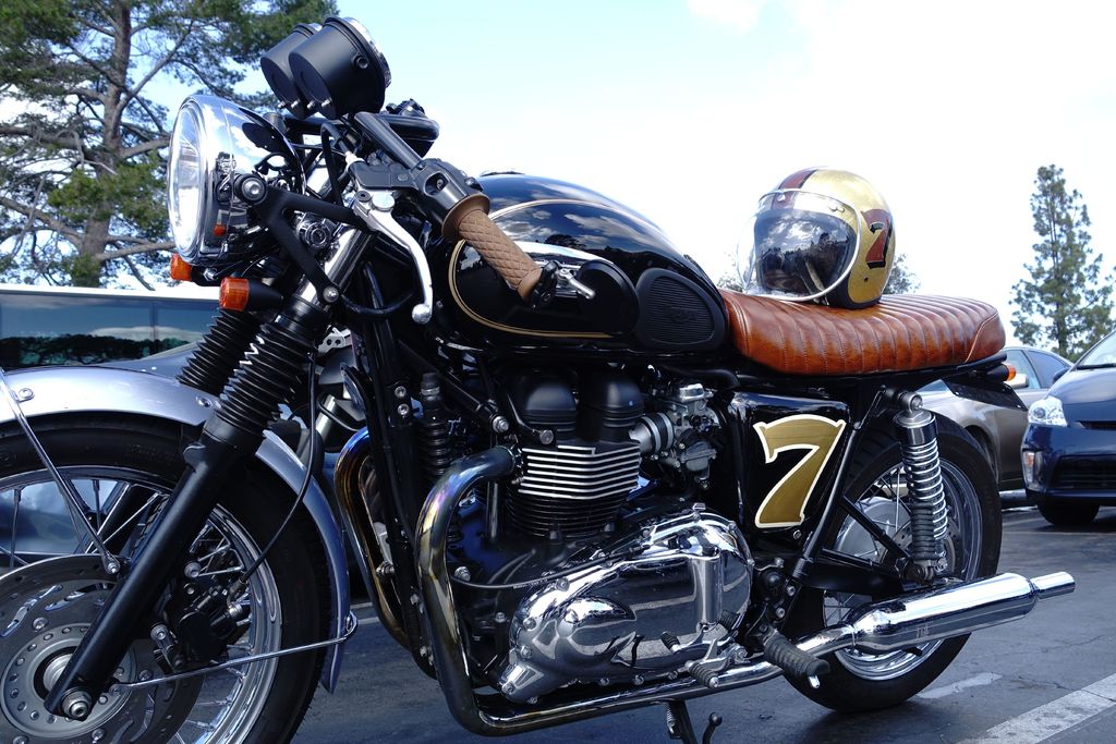 Ein Fahrrad mit Helm darauf ist in der Mitte des Bildes positioniert, mit Autos, Bäumen und Himmel im Hintergrund und einer Straße unten.