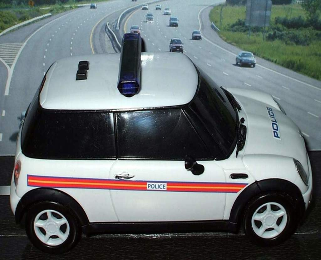 Weißer Polizeiwagen vor einer belebten Straße mit mehreren Fahrzeugen, Gras und Bäumen auf beiden Seiten, aufgenommen außerhalb einer Stadt.