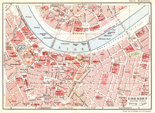 Ein detaillierter alter Stadtplan von Dresden, Deutschland, der Straßen, Gebäude und Sehenswürdigkeiten mit Text zeigt, der zusätzliche Stadtinformationen bereitstellt.