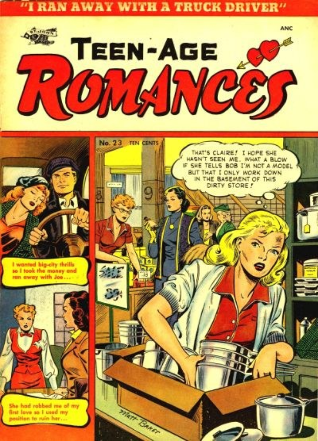 Ein farbenfroher DC-Comics-Plakat titled 'Teen-Age Romances 23-A', das eine Gruppe von Menschen in einer fröhlichen, romantischen Umarmung zeigt mit fetter Schrift und leuchtenden Farben.