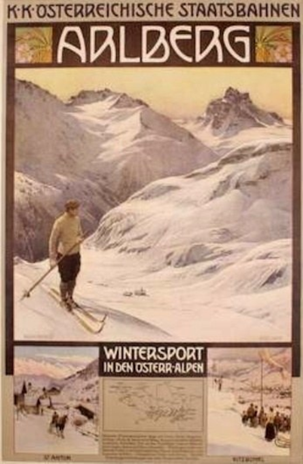 A poster advertising a winter sport in the Austrian Alps, featuring a person skiing with images of others and mountains, and text.