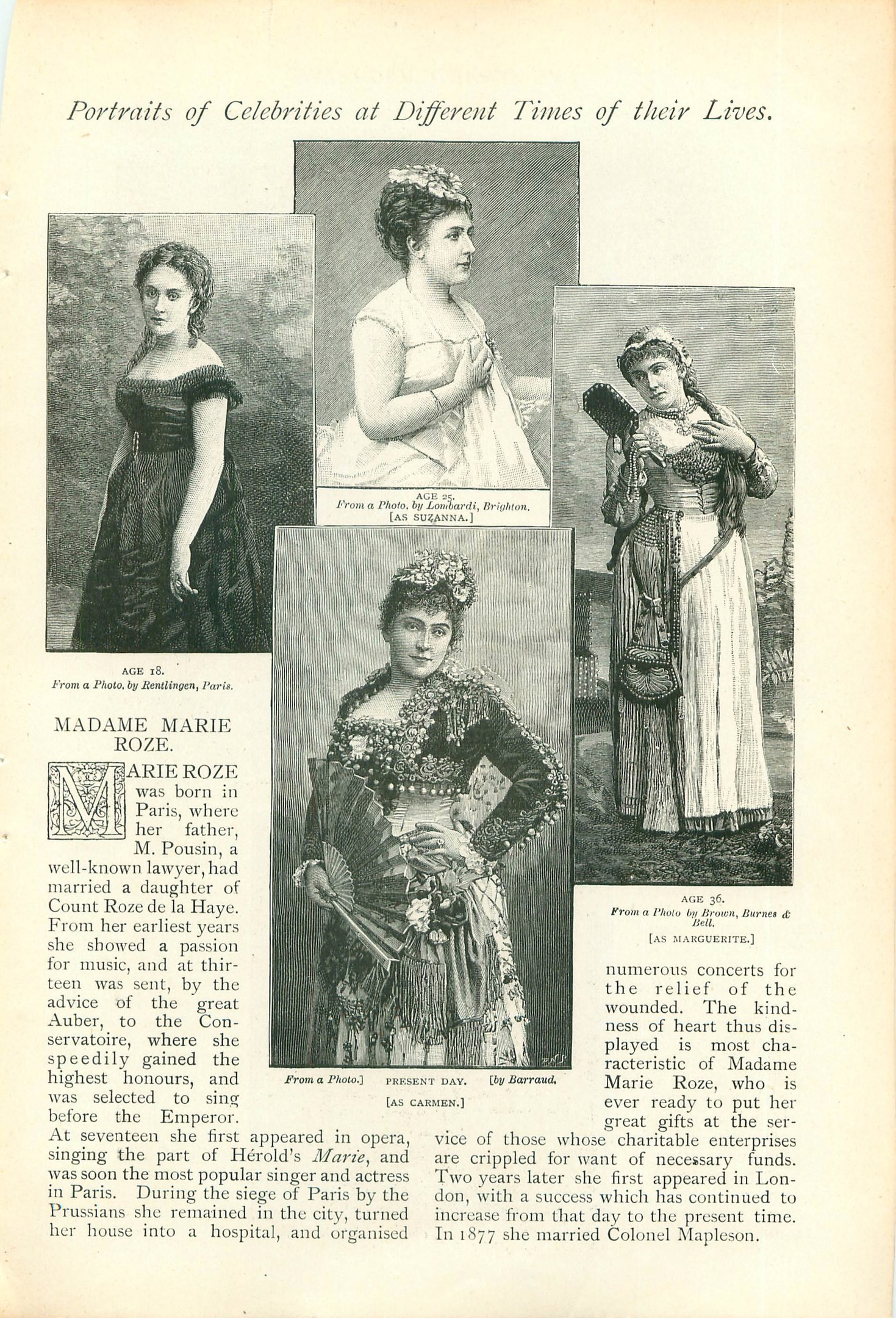 Ein altes Buch mit dem Titel "Porträts von Prominenten zu verschiedenen Zeiten ihres Lebens", das Illustrationen von Frauen in langen, hochgeschlossenen Kleidern mit Hauben zeigt.