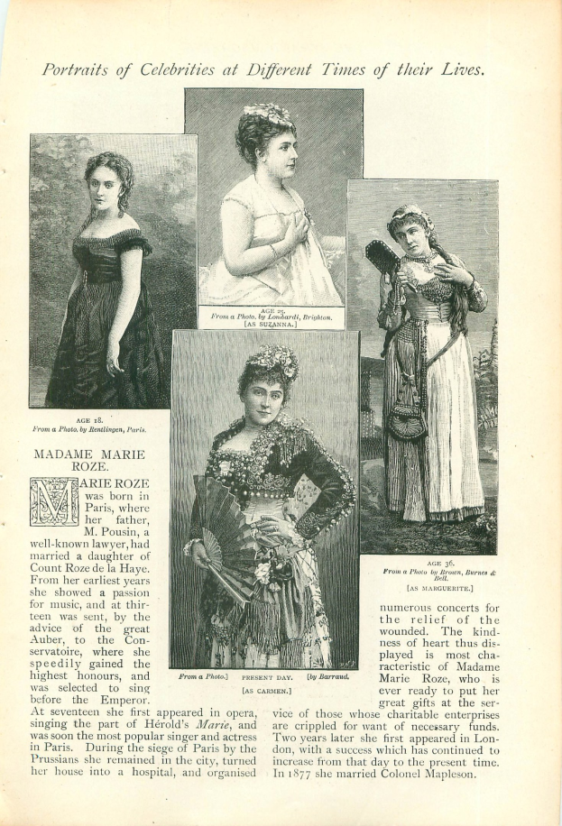 Ein altes Buch mit dem Titel "Porträts von Prominenten zu verschiedenen Zeiten ihres Lebens", das Illustrationen von Frauen in langen, hochgeschlossenen Kleidern mit Hauben zeigt.