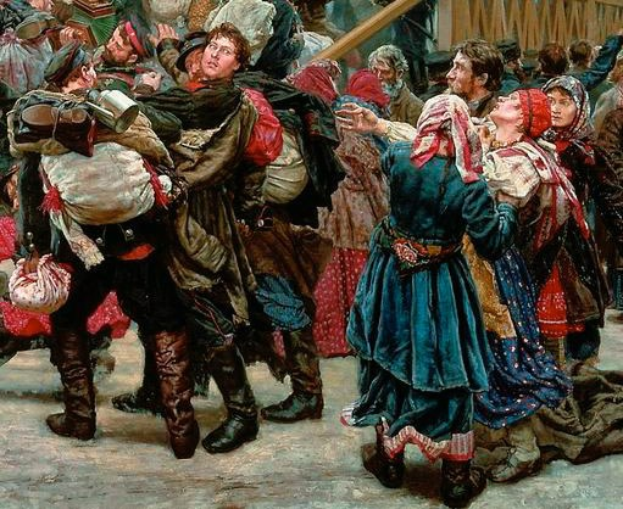 Gemälde, das eine Gruppe von Menschen zeigt, die vor einem Publikum tanzen, einige halten Gegenstände, mit einem hölzernen Haus im Hintergrund, während der russischen Revolution und mit traditioneller russischer Kleidung.