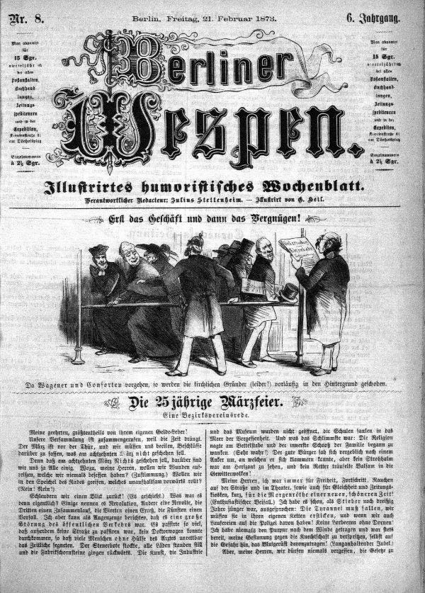 Old German newspaper "Berliner Wespen" dated February 21, 1873, featuring a group of people in traditional German attire conversing, with German text likely describing the event.