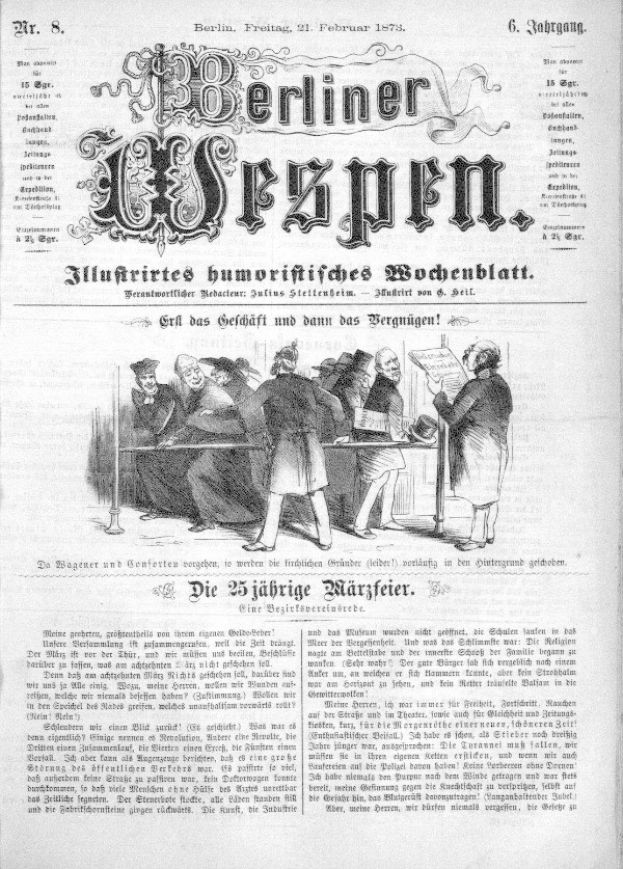 Old German newspaper "Berliner Wespen" dated February 21, 1873, featuring a group of people in traditional German attire conversing, with German text likely describing the event.