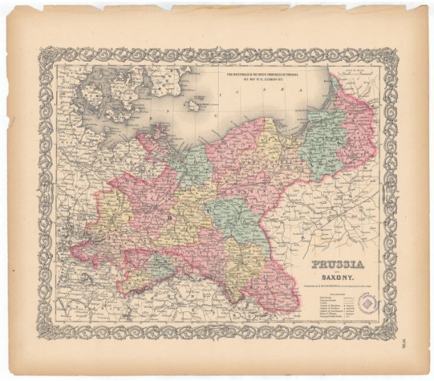 Alte gedruckte Karte zeigt die Grenzen von Preußen und Sachsen auf vergilbten Papier.