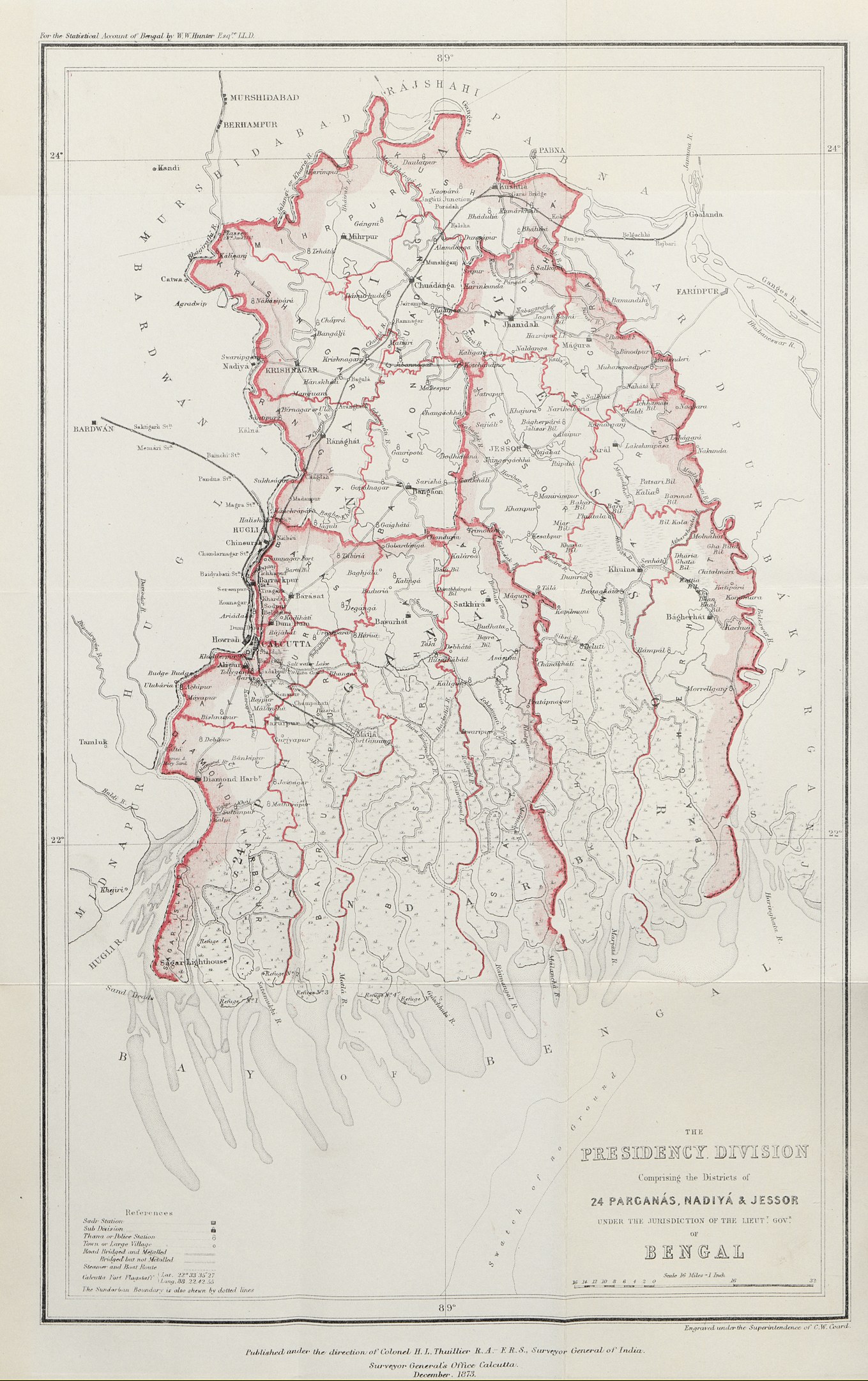 Old map of Kerala, India, outlined in black, with detailed roads, rivers, and geographical features in blue, green, and yellow tones.