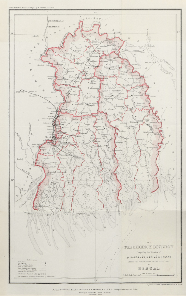 Old map of Kerala, India, outlined in black, with detailed roads, rivers, and geographical features in blue, green, and yellow tones.