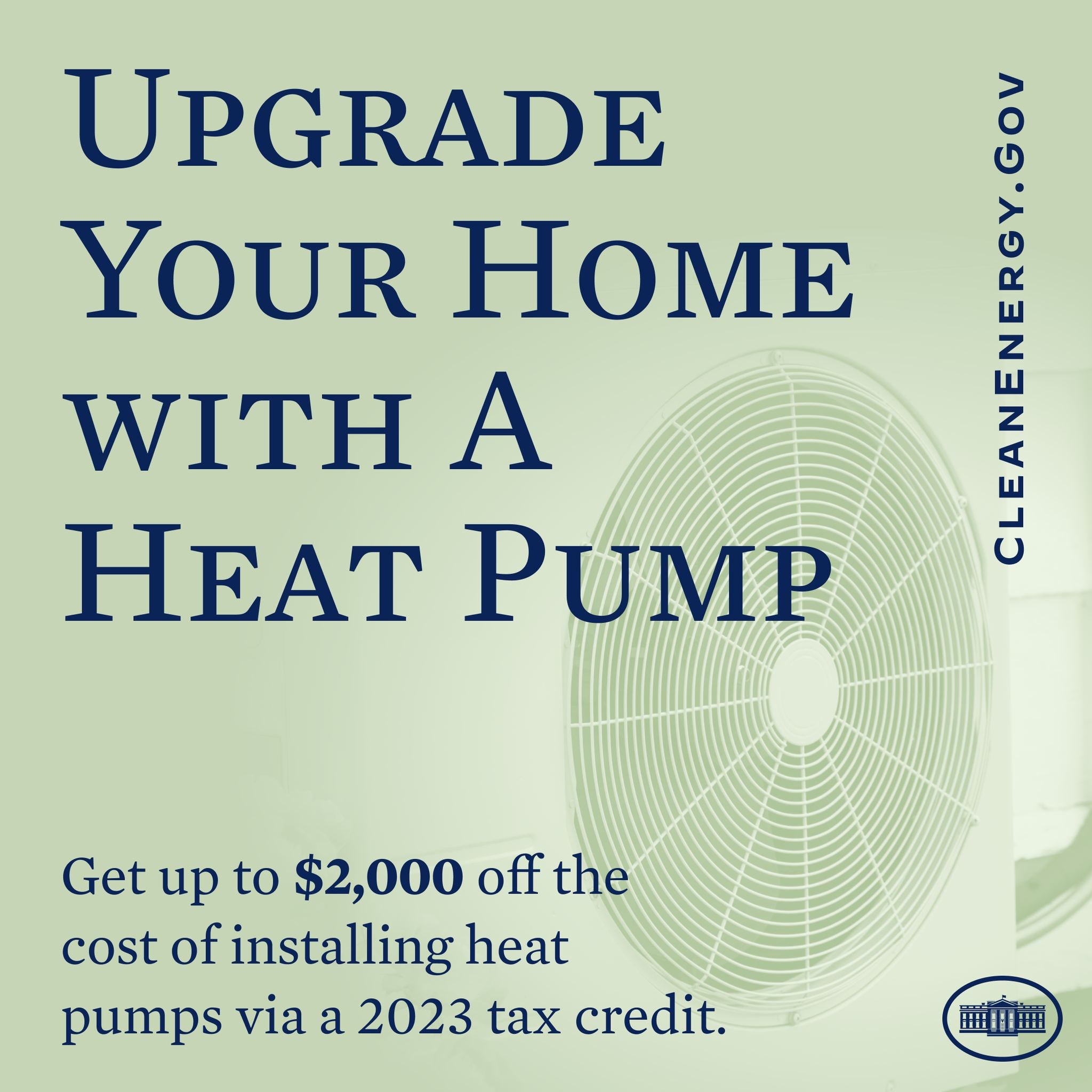Plakat zur Werbung von Heizpumpen-Upgrades, das ein Bild einer Heizpumpe und den Text "Upgrade Your Home with a Heat Pump" zeigt.