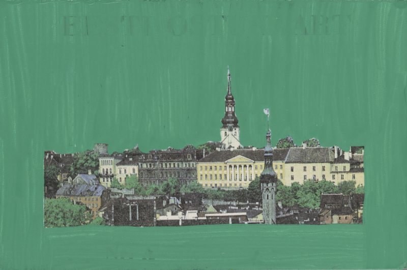 Bild eines Stadtpanoramas mit einem grünen Hintergrund, das Gebäude und Bäume zeigt.