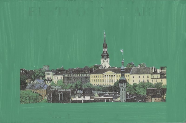 Bild eines Stadtpanoramas mit einem grünen Hintergrund, das Gebäude und Bäume zeigt.