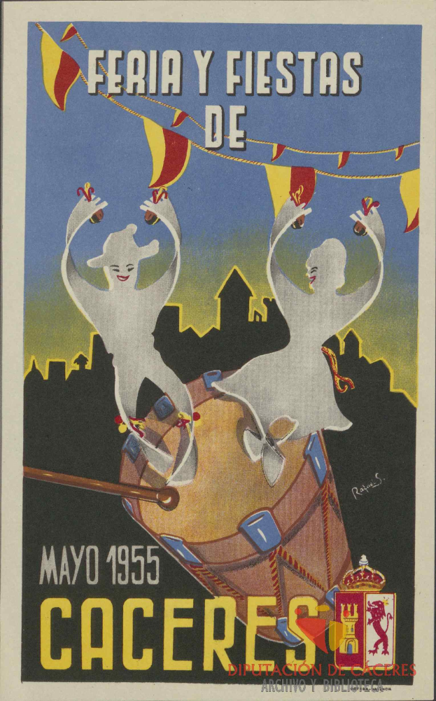 Ein buntes Plakat bewirbt das Karnevalsfest "Feria y Fiestas de Caceres" in Caceres, Spanien, mit Menschen in traditioneller Kleidung, einem hellgelben Hintergrund und Veranstaltungseinzelheiten.
