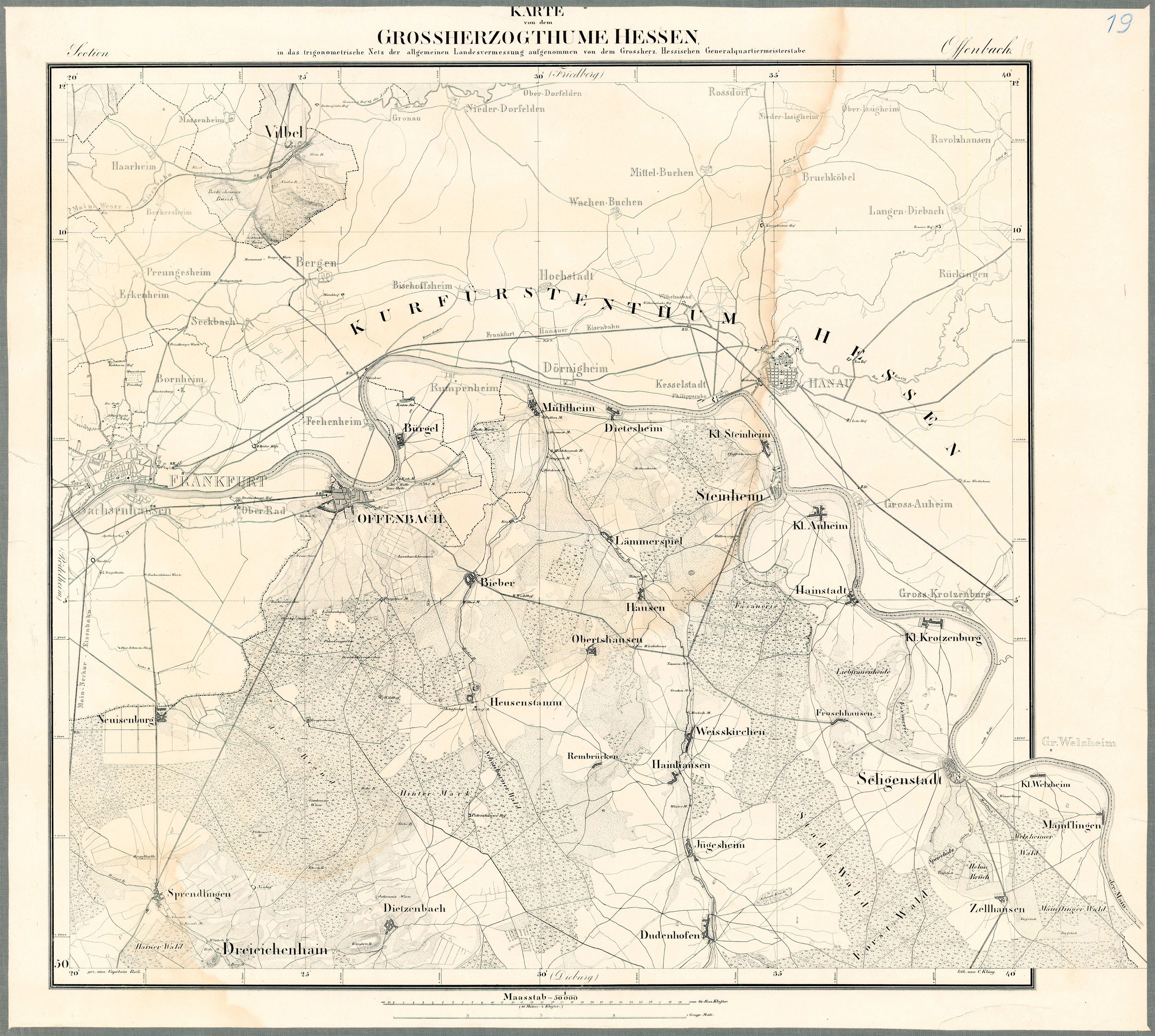 Alte Karte von Hessen, Deutschland, gerahmt in einem Photo Rahmen mit schwarzen Rändern und Text.