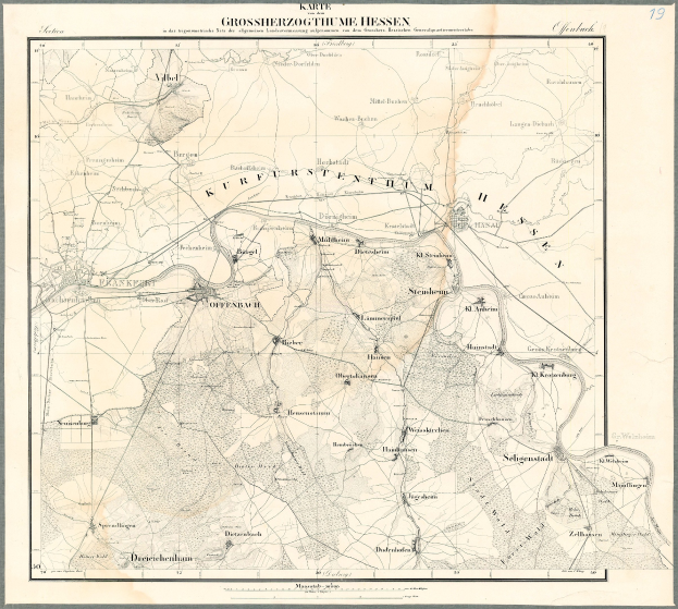 Alte Karte von Hessen, Deutschland, gerahmt in einem Photo Rahmen mit schwarzen Rändern und Text.