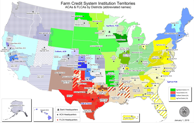 Eine Karte der Vereinigten Staaten mit farblich gekennzeichneten Regionen, die verschiedene Farm Credit System-Institutionen anzeigen, mit der Überschrift "Farm Credit System Institutions" und einem Logo in der rechten unteren Ecke.
