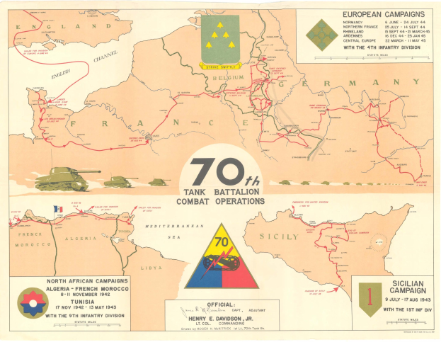 Poster with a map of the 70th tank battalion's World War II combat operations, including images of military tanks, unit logos, and detailed text describing the engagements.