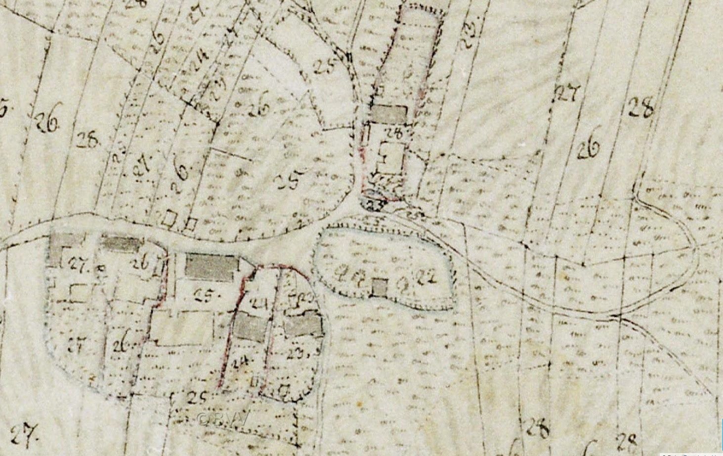 Detailierte alte Stadtkarte mit Gebäuden, Straßen und Text sowie einer Notiz unten, die eine geplante Entwicklung anzeigt.
