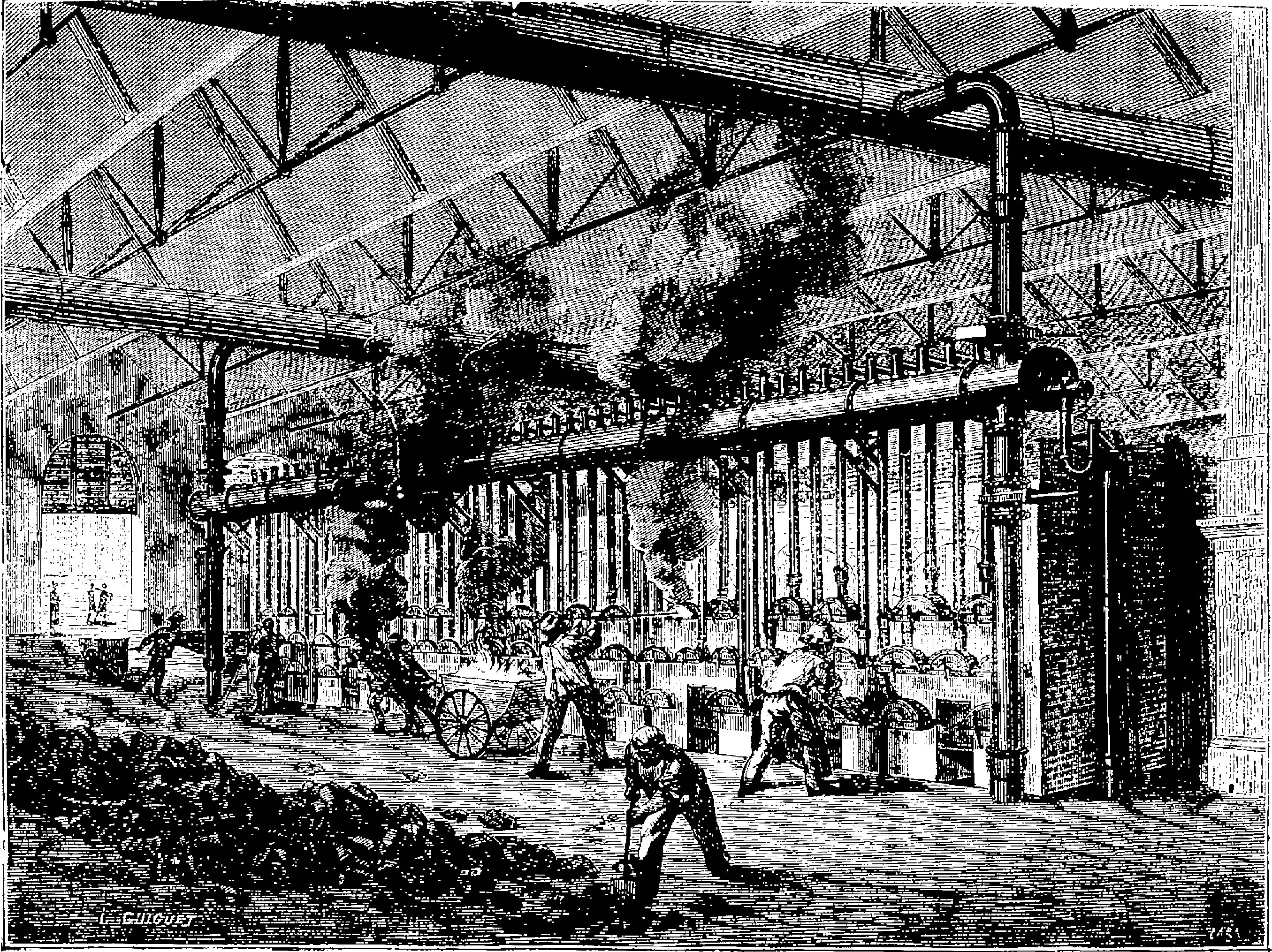 Black and white drawing of a busy 1910s steel mill factory with workers, poles, and machinery.