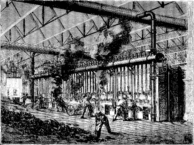 Black and white drawing of a busy 1910s steel mill factory with workers, poles, and machinery.