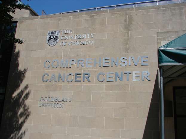 Das Kompetenzzentrum für Krebs am Universitätsklinikum Chicago, mit Text an der Wand, einem Baum links und einem klaren blauen Himmel im Hintergrund.