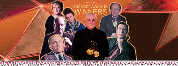 Group of people on a stage with one holding an award, celebrating at the Grammy Awards Winners event.
