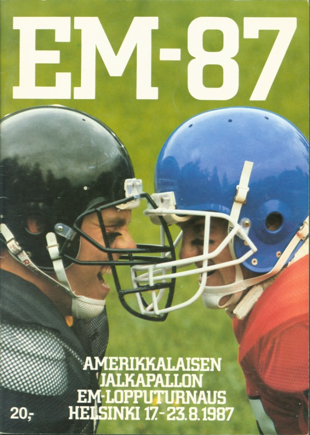 Ein Buchumschlag mit zwei Fußballspielern in Helmen während des Spiels, mit der Aufschrift "em-87 Fußballprogramm".