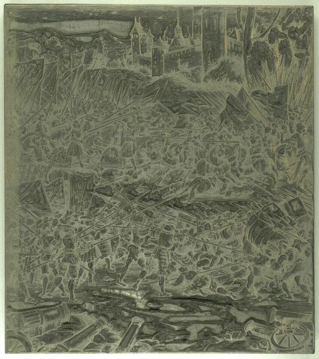 Eine Schwarz-Weiß-Zeichnung einer chaotischen Szene mit aufgeregten Menschen, die davonlaufen, hohen Gebäuden im Hintergrund und verstreuten Gegenständen, mit Text unten.