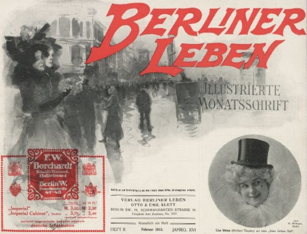 Advertisement poster for the Berliner Leben Theatre featuring a woman in a top hat and a man in a suit, with text, a stamp, a few people, and buildings in the background.