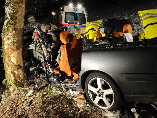 Ein verungl├╝cktes Auto am Rande einer verschneiten Stra├če, umgeben von B├Ąumen, mit einem Krankenwagen im Hintergrund.