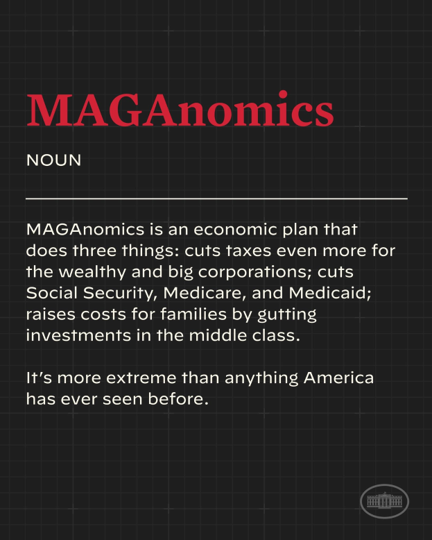 Plakat mit fettem schwarzem Text auf einem weißen Hintergrund, der von einem schmalen schwarzen Rand eingerahmt ist und "Maganomics: Ein Wirtschaftsplan, der drei Dinge tut - Steuern für Wohlhabende und große Unternehmen weiter senken." lautet.