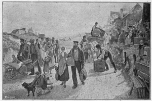 Eine Gruppe von Menschen, einige mit Taschen, geht einen Schotterweg entlang mit einem Hund und einem von einem Pferd gezogenen Wagen, im Hintergrund sind Häuser und ein klarer Himmel zu sehen; Text unten lautet "Deutsche Flüchtlinge in Deutschland".