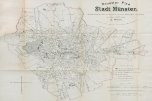 Detailed 1873 map of Stadt Münster, Germany, with text annotations showing the city's layout.