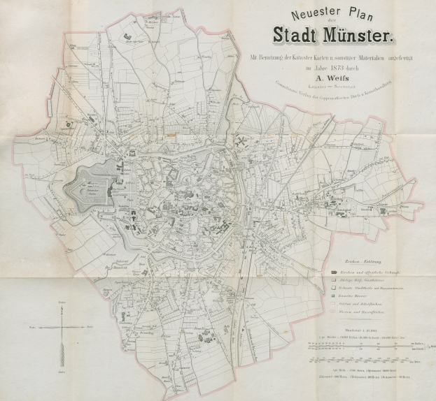 Detailed 1873 map of Stadt Münster, Germany, with text annotations showing the city's layout.