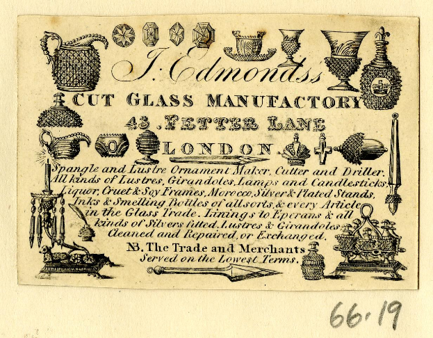 Anzeige für eine Glasfabrik in London, England, mit Text und Bildern von Glaswaren und Fertigungsteilen.