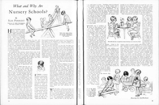 Offenes Buch mit Text und Illustrationen, einschließlich einer Zeichnung von Kindern, die in einer Kita spielen, und einem Tisch mit verschiedenen Gegenständen.