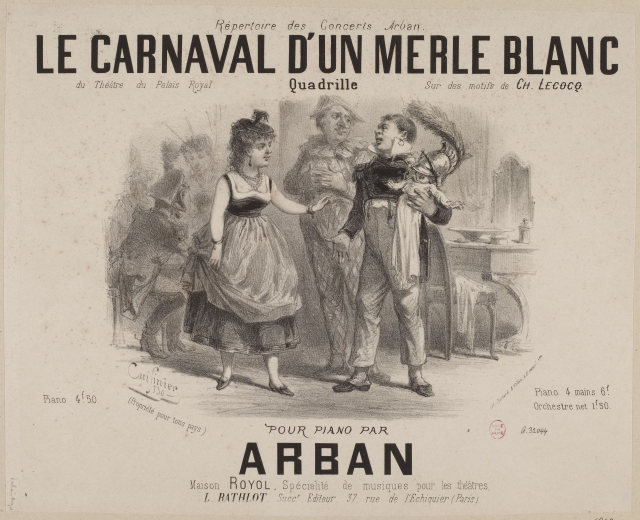 Eine Zeichnung eines Mannes und einer Frau in traditioneller Kleidung vor einer festlichen Karnevals Szenerie, mit dem Text "le carnaval d'un merle blanc" auf dem Papier.