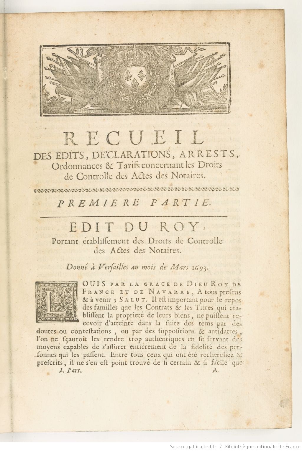 Open book titled "Recueil des Edits, Declarations, Arrests, Ordinances & Tarifs Concentrantes des Droits de Controlles des Actes des Notaires" published in 1793, showing a drawing on its pages.