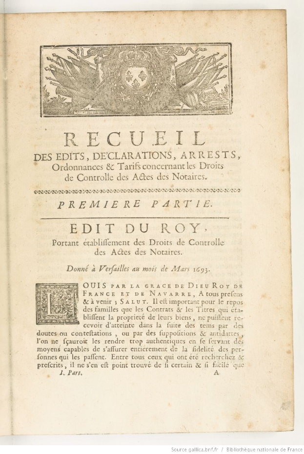 Open book titled "Recueil des Edits, Declarations, Arrests, Ordinances & Tarifs Concentrantes des Droits de Controlles des Actes des Notaires" published in 1793, showing a drawing on its pages.